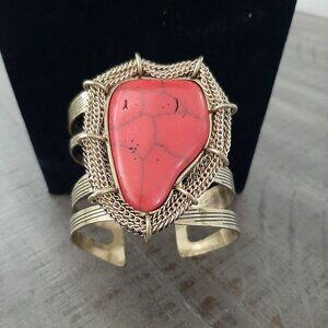Vintage Costume Coral Red Turquoise Brass Cuff Bracelet Tribal Southwestern Unis